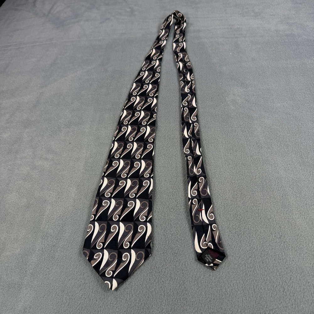 Courreges Homme Mens Silk Necktie Black Grey White Geometric Swirl Italian Silk